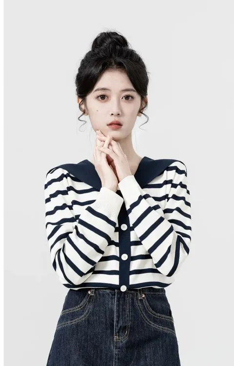 海军领条纹针织开衫女2025秋新款撞色v领薄款长袖外套上衣#S002