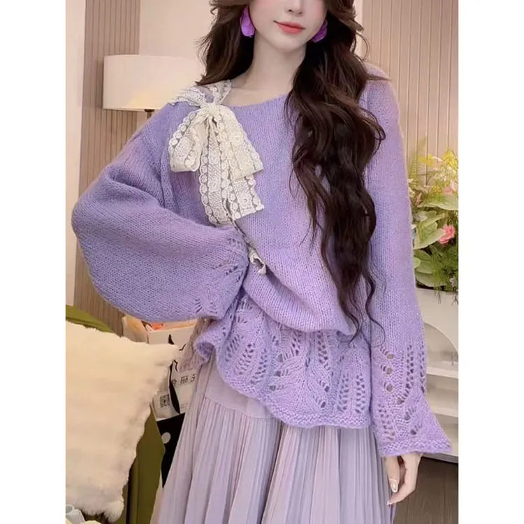 镂空慵懒风长袖针织衫女2025早秋新款蕾丝系带露肩设计感软糯上衣