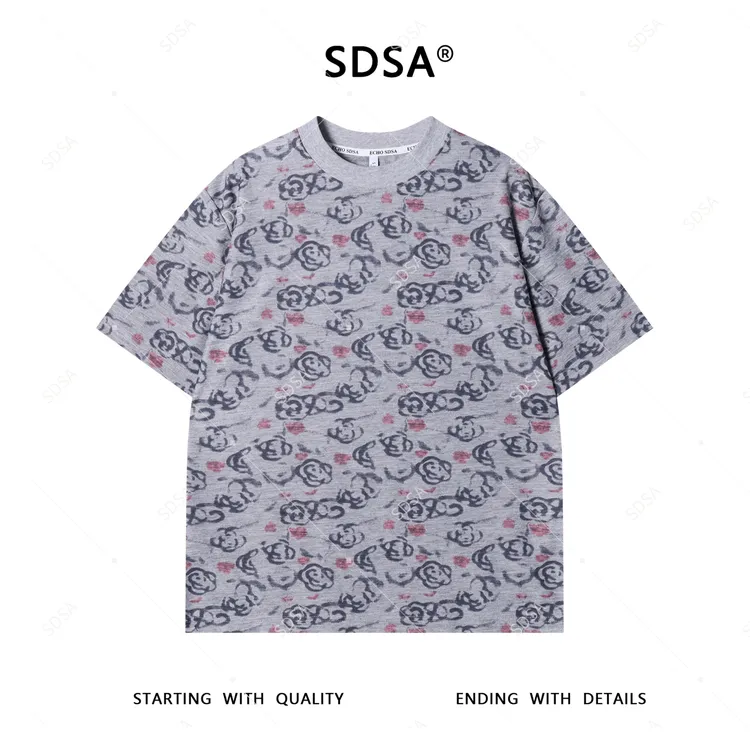 SDSA夏季新款男士痞帅潮牌撞色手绘花朵设计圆领短袖T恤百搭舒适