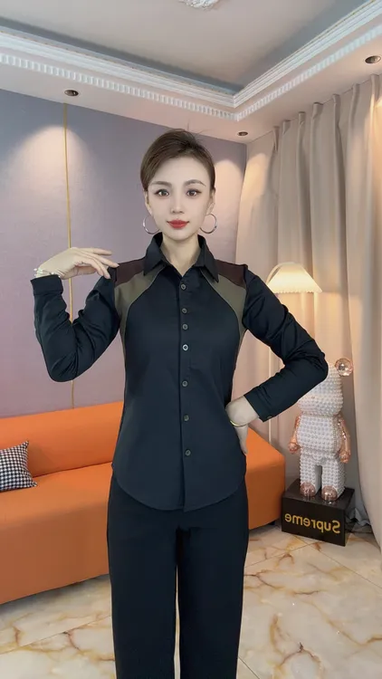 (加绒保暖)遮肉显瘦时尚拼接不起球时尚百搭休闲秋冬衬衫X6086