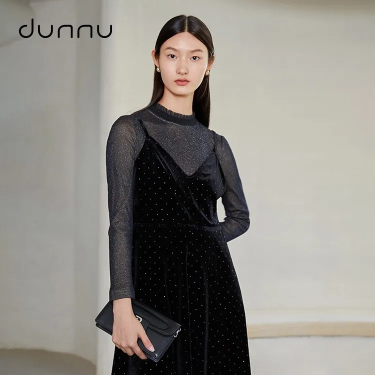 dunnu敦奴半高领假两件修身中长款连衣裙DQ552107