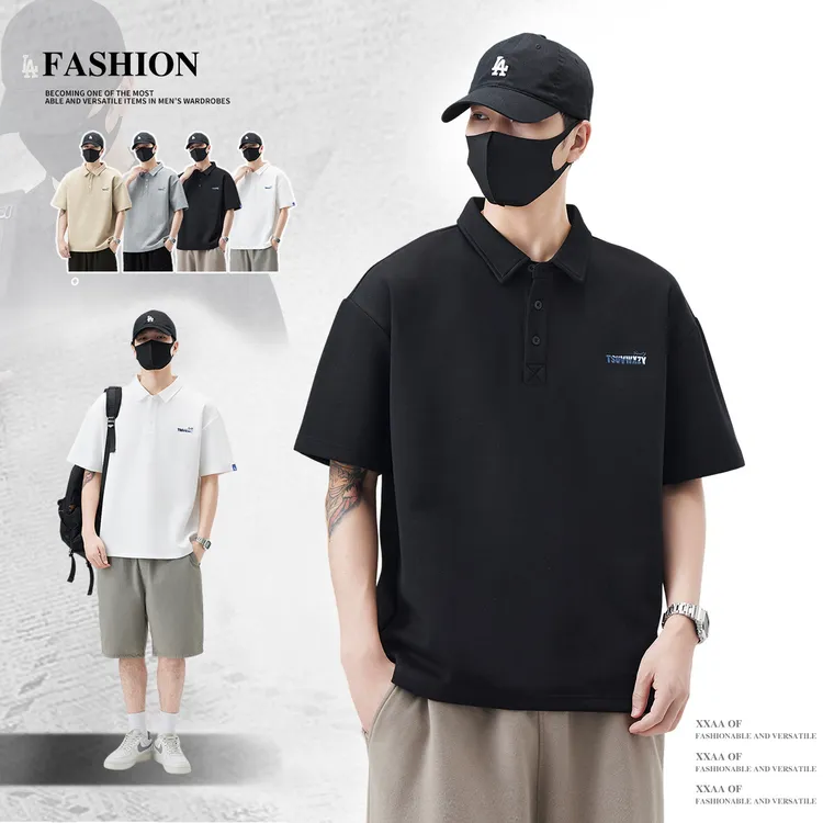 港风简约复古大码宽松翻领T恤男士夏季轻熟风休夏季男士港风polo