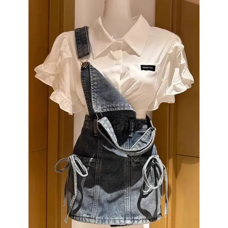 白色方领衬衫套装女夏季新款复古收腰显瘦百搭牛仔背带裙子两件套