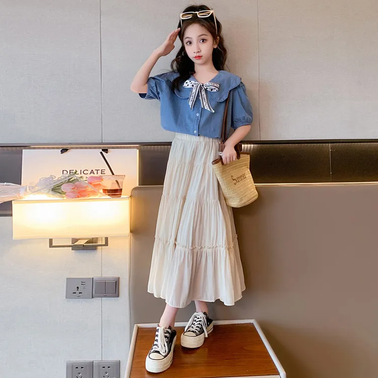 女童连衣裙夏季2025新款大童洋气网红夏装牛仔上衣半身裙两件套潮