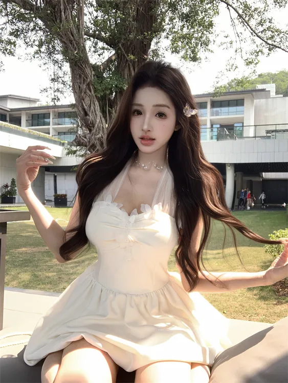 纯欲风辣妹性感露背挂脖连衣裙气质高级感法式收腰显瘦甜美短裙