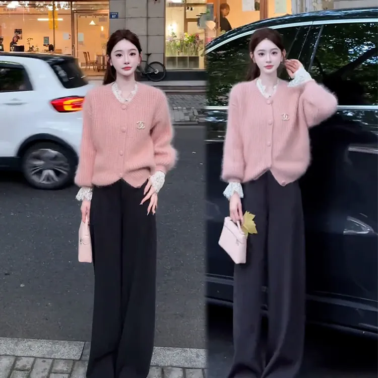 2025秋季新款设计感甜美风毛衣开衫外套女搭配休闲阔腿裤两件套装
