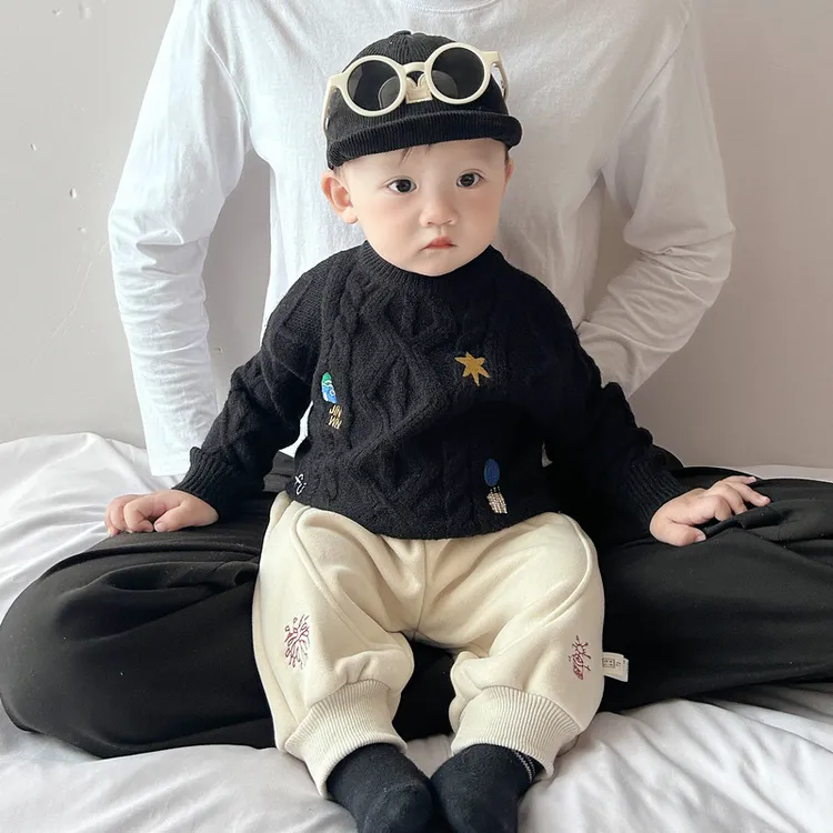 潮酷宝宝毛衣套装秋冬季新款婴幼儿刺绣针织衫帅气小童保暖束脚裤
