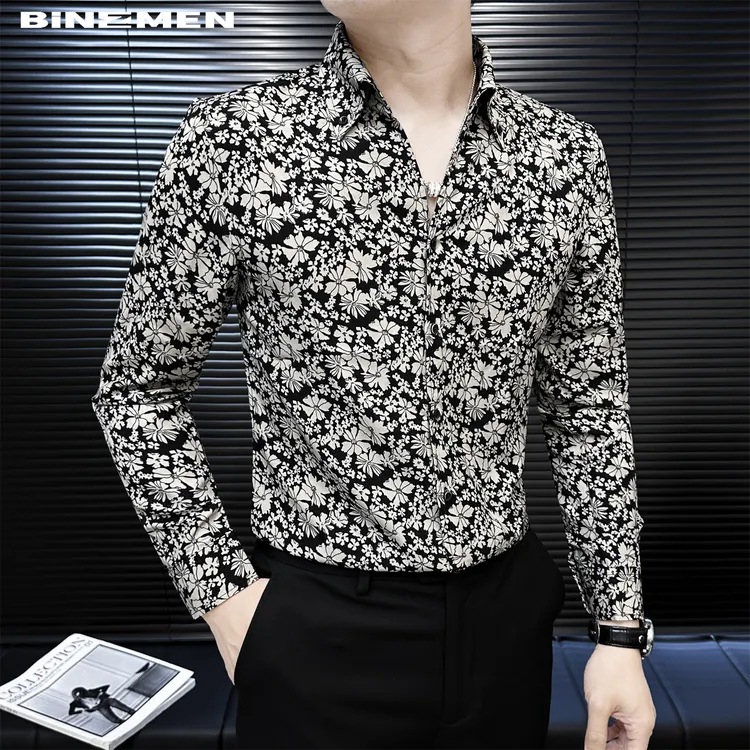 潮流V领碎花衬衫男款长袖复古风高级感轻奢男装个性男士休闲衬衣