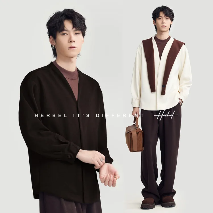 HERBEL/黑白2025年秋冬新款高级感纯黑白V领轻奢复古羊毛外套