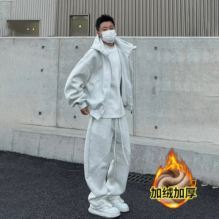 大码秋冬美式重磅加绒休闲运动套装男士宽松连帽外套直筒裤两件套