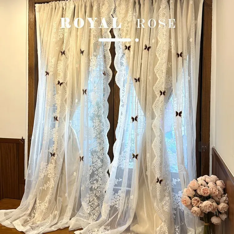 法式奶油风多巴胺全遮光窗帘小窗户田园风蕾丝双层免打孔卧室飘窗
