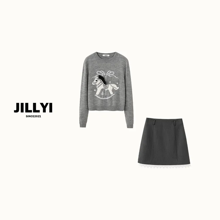 JILLYI珠海店【木马游乐园】+【松茶可可】灰色小木马上衣+灰色半裙套