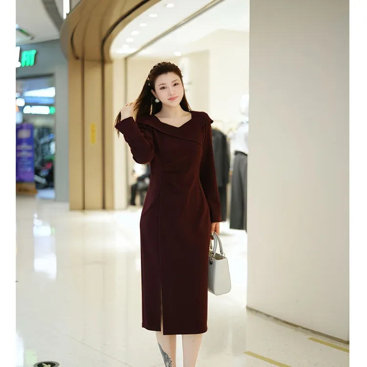 XYD71775秋冬加绒厚款法式优雅中长款大码连衣裙知性温柔大码女装