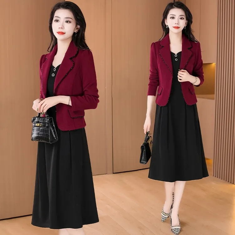 拉夏贝尔洋气红色小香风套装连衣裙2025新款轻奢气场强大洋气衣服