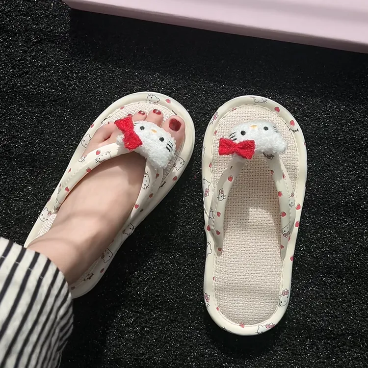 可爱卡通猫咪亚麻人字拖鞋女款夏季新款室内居家防滑网红夹脚拖鞋
