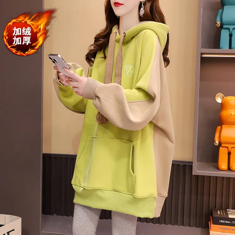 秋冬季加绒中长款拼色刺绣连帽卫衣女