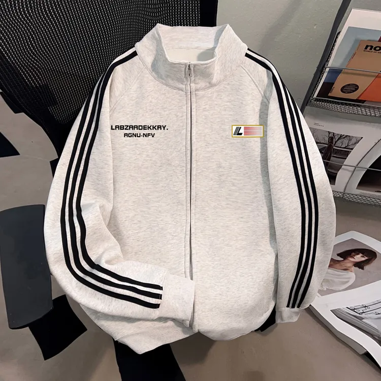 Dekkry秋冬横条字母印花秋冬立领卫衣开衫三条杠男女百搭情侣外套