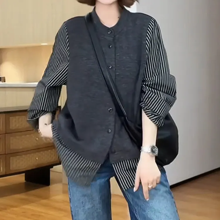 宽松显瘦气质上衣秋季新款胖MM大码女装设计感假两件拼接长袖衬衫