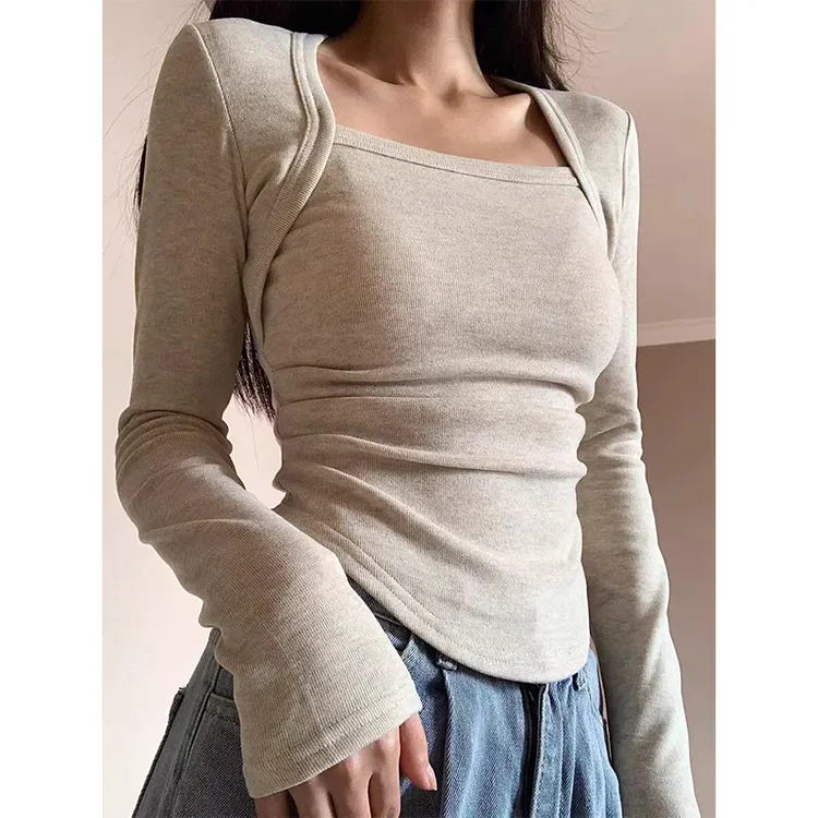 德绒磨毛加绒长袖打底衫女秋冬保暖上衣设计感小众褶皱修身体恤衫