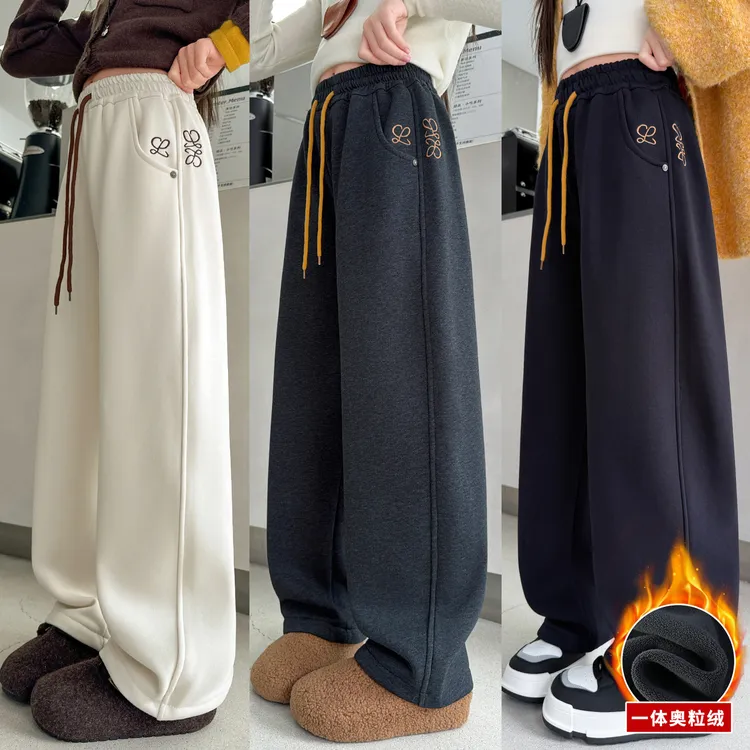 女童裤子冬2025新款初中生加厚运动裤青少年加绒一体绒大童直筒裤