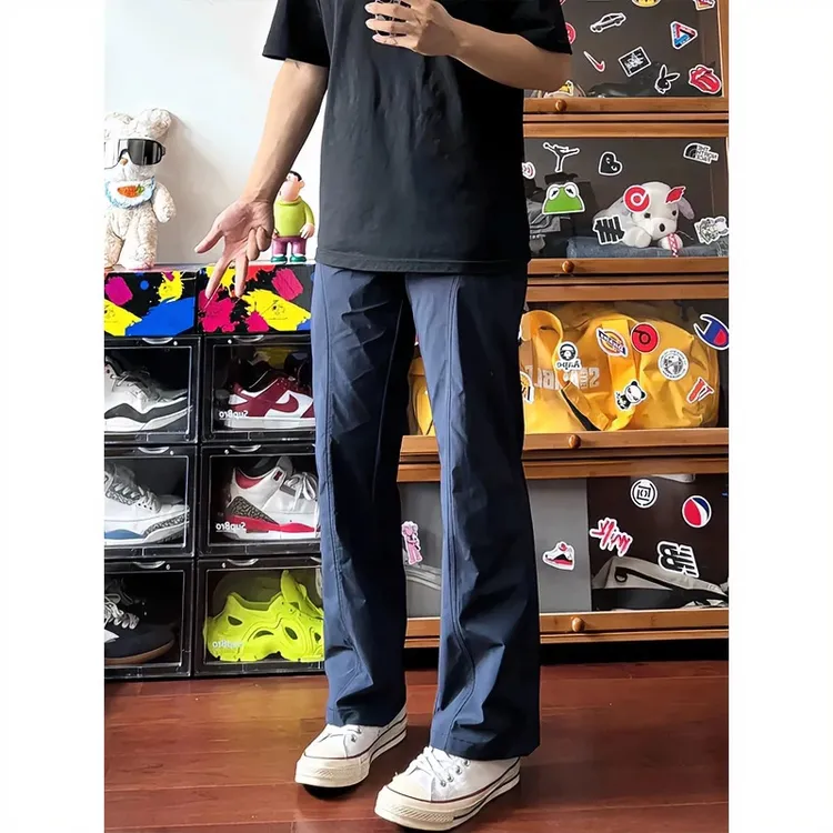 藏蓝色2025冲锋裤男款春夏薄款美式斜切休闲裤透气速干弯刀工装裤