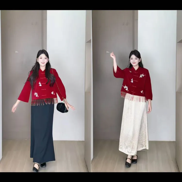 【绣蕊流苏】秋季大码女装胖MM新中式旗袍外套+半身裙套装DM33211