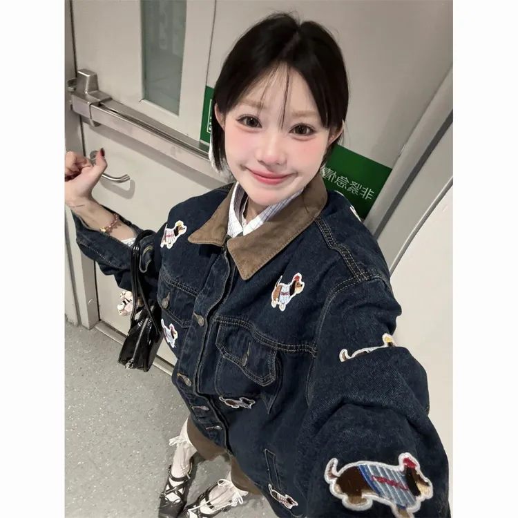 韩系学院风宽松腊肠狗刺绣牛仔Polo领外套女春季新款美式夹克上衣