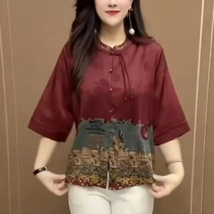 中老年妈妈时尚七分袖开衫2025夏季新款洋气女士高级潮流国风衬衫