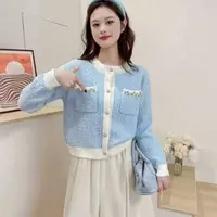 专属小香风撞色圆领毛衣女2025秋新款休闲简约小个子慵懒风针织衫