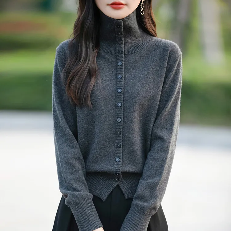 羊毛衫女100%纯羊毛秋冬新款时尚高级感半高领针织开衫外套毛衣