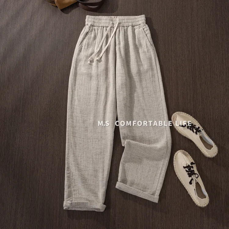 麻尚生活秋冬季加厚双层肌理感休闲直筒长裤男士纯色松紧宽松高腰