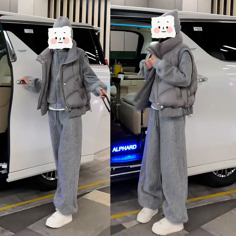 欧货时尚个性网红炸街宽松短款马甲外套加绒卫衣加绒卫裤三件套