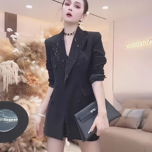 气质名媛风烫钻亮闪闪西装外套女秋季网红爆款高级感插腰西服上衣