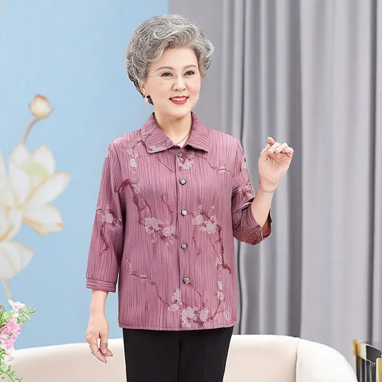 中老年人夏装翻领衬衫妈妈套装老太太夏季七分袖衣服奶奶70岁80岁