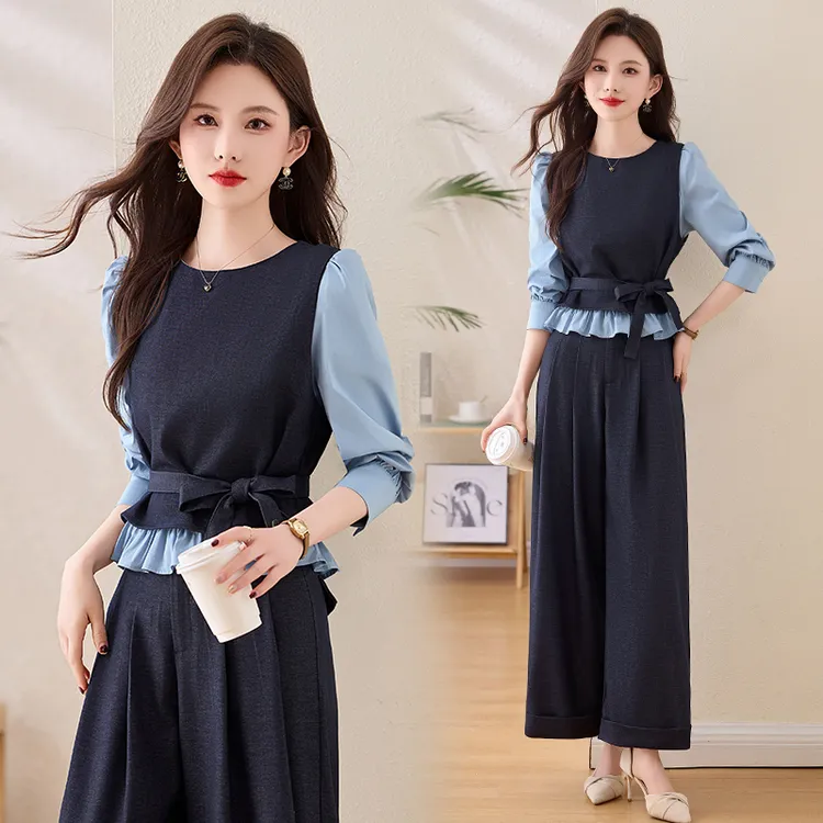 欧货高级假两件套装裤2025早春新款女时髦气质设计感阔腿裤两件套