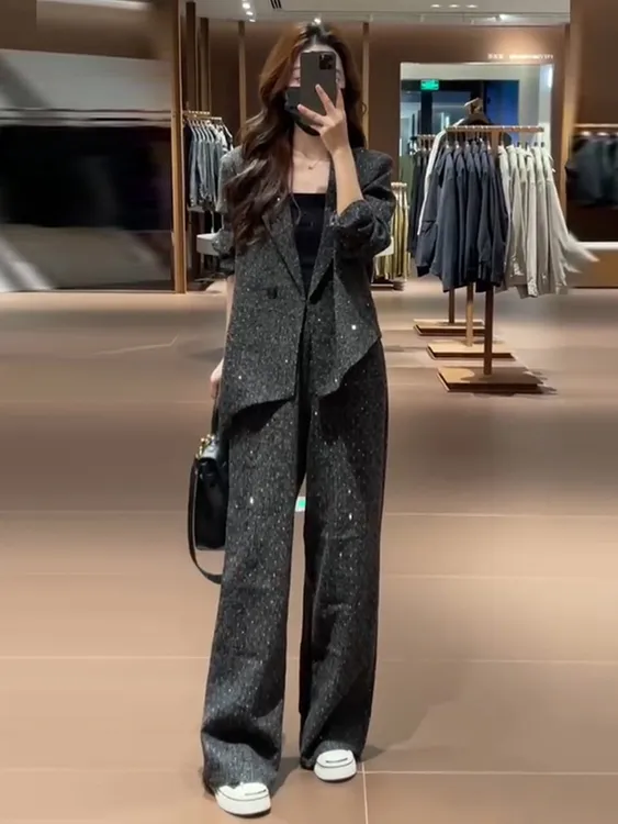 秋大码女装小香风洋气显瘦西装套装胖mm烫钻西服外套阔腿裤两件套