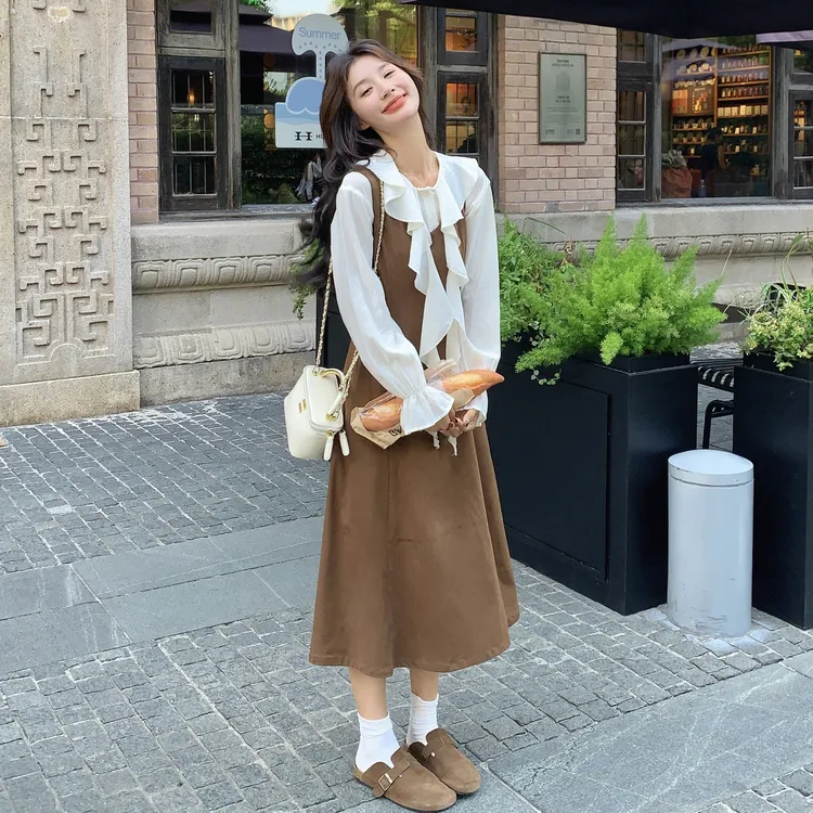 温柔系白月光穿搭绝美衬衫套装女2025秋季法式麂皮绒连衣裙两件套