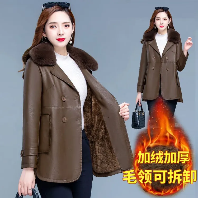 皮衣加绒加厚女皮毛一体外套洋气2025新款冬季款外穿大毛领皮棉服