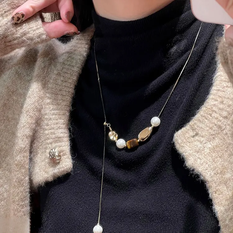 铜合金项链 不规则几何珠珠毛衣链女可抽拉项链时尚气质秋冬配饰 