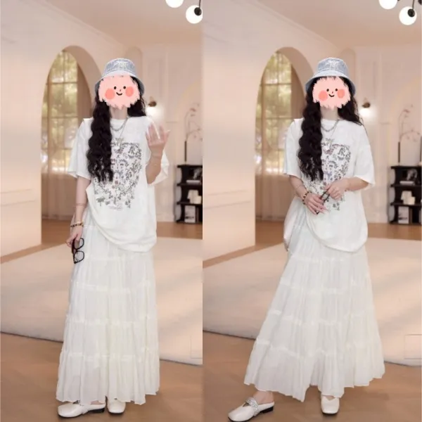 夏季新款百搭花丛蕾丝提花短袖T恤+显瘦气质松紧腰网纱蛋糕裙套装