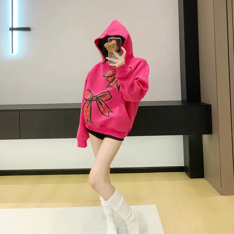 美式复古蝴蝶结设计感慵懒风玫红色连帽卫衣女薄款宽松中长款外套