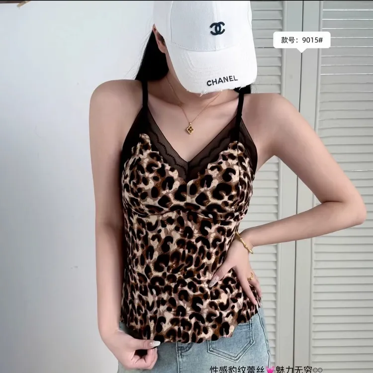 女士豹纹磨毛拼接蕾丝美背吊带背心时尚百搭显瘦打底