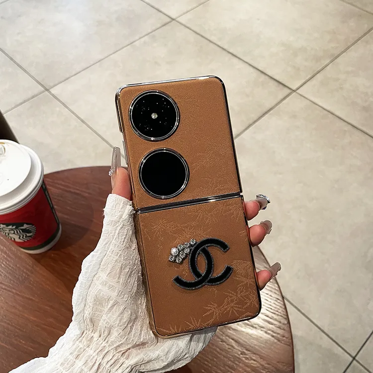 适用于华为pocket2手机壳双c标金边松叶纹保护壳棕色pocketS潮流