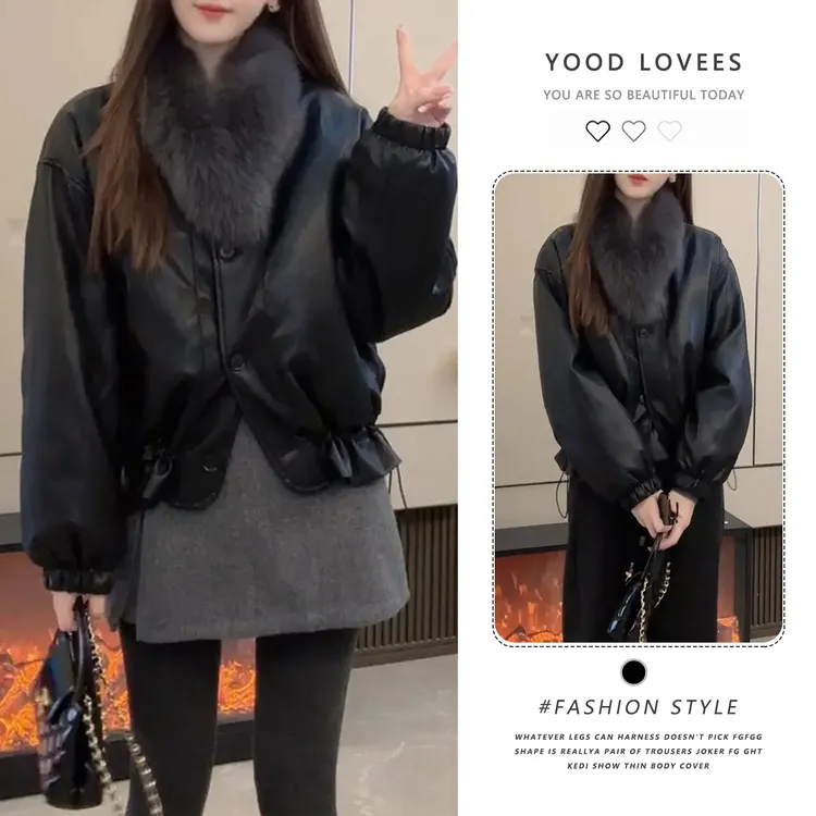 设计感毛领保暖皮衣外套女短款黑色休闲高端外套冬季新款保暖上衣