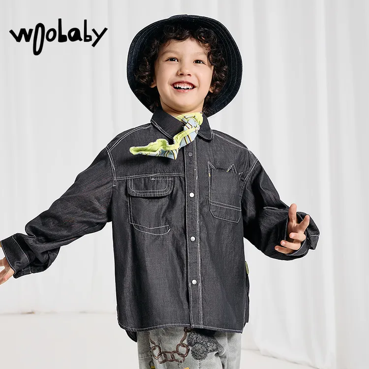 woobaby儿童牛仔衬衫男童女童24春装中小童衬衣外套洋气上衣童装