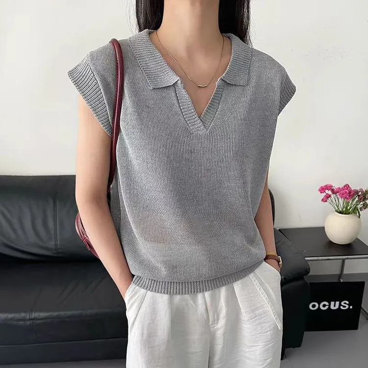 【蔓黛】极简风Polo领冰丝短袖女2025新款夏季气质宽松薄款针织上衣
