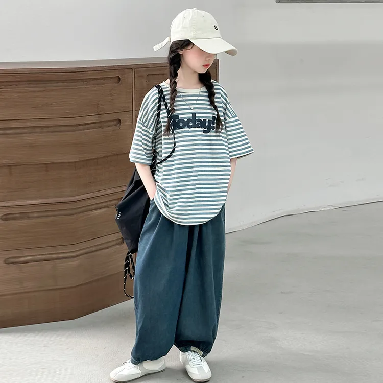 女童短袖套装2025新款洋气大童条纹T恤牛仔裤女孩夏季两件套12岁
