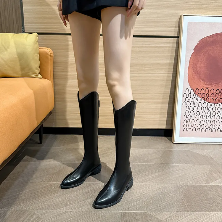 尖头V口长筒靴女2025秋冬新款爆款小个子不过膝高筒骑士靴3015-1
