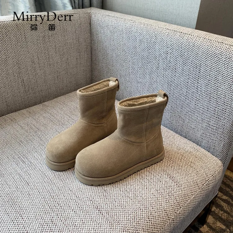 弥笛奶杏色百搭时尚雪地靴女冬季加绒保暖磨砂牛皮短靴棉靴子百搭