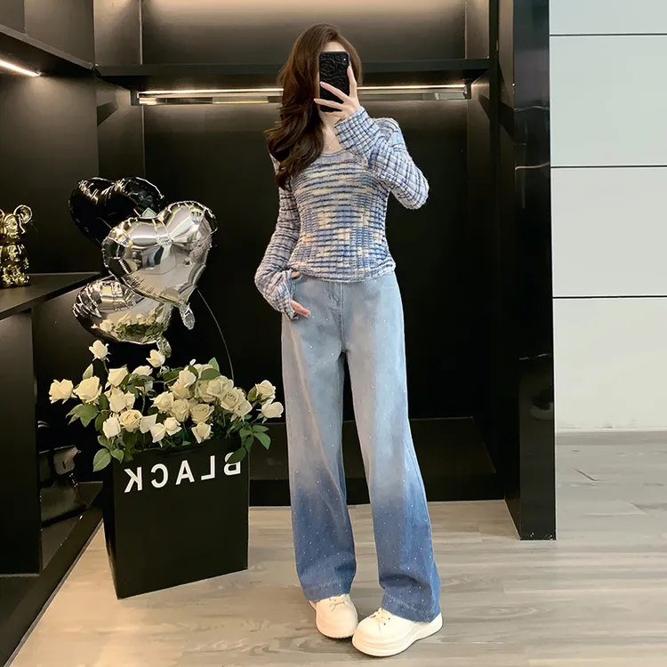 慵懒风长袖针织衫女休闲百搭T恤打底衫烫钻窄版直筒牛仔裤阔腿裤